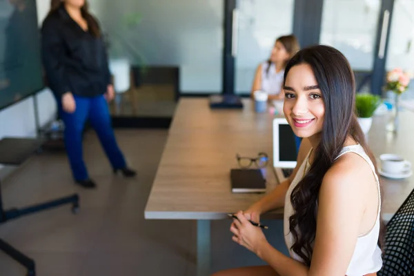 Happy Latin Woman Businesswoman Smiling While Sitting Office Meeting Her — Fotografia de Stock