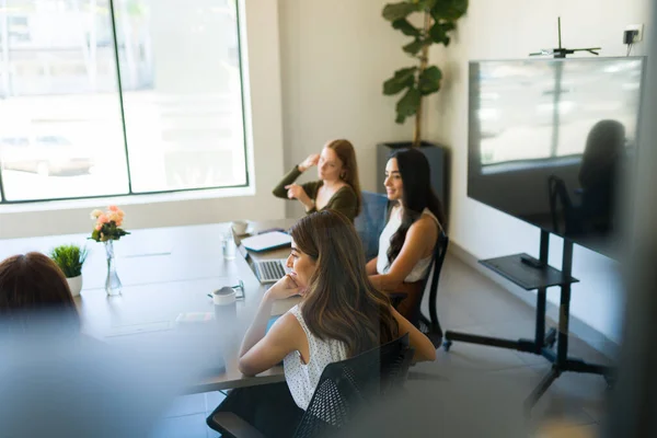 Rear View Happy Businesswomen Sitting Meeting Room Talking Business Deal — Stockfoto