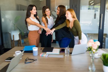 Women business partners laughing while putting their hands together for a high five after their successful teamwork together