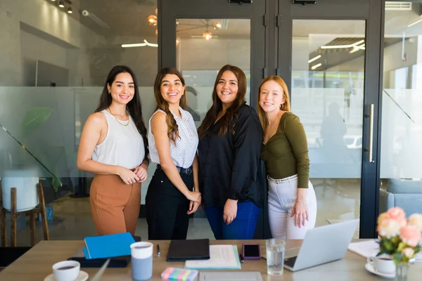 Happy Professional Women Smiling Feeling Cheerful While Working Together Meeting — Stockfoto