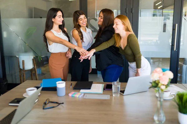 Women Business Partners Laughing While Putting Hands Together High Five — ストック写真