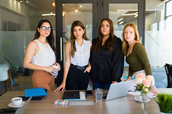Serious Professional Businesswomen Teamwork Looking Camera Meeting Room — Stock Photo, Image