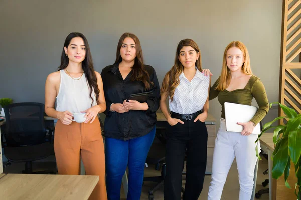 Diverse Team Women Professional Clothing Standing Together Office While Doing — Stockfoto