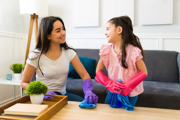 Excited Young Mother Little Child Laughing While Doing Housework Together — Stockfoto