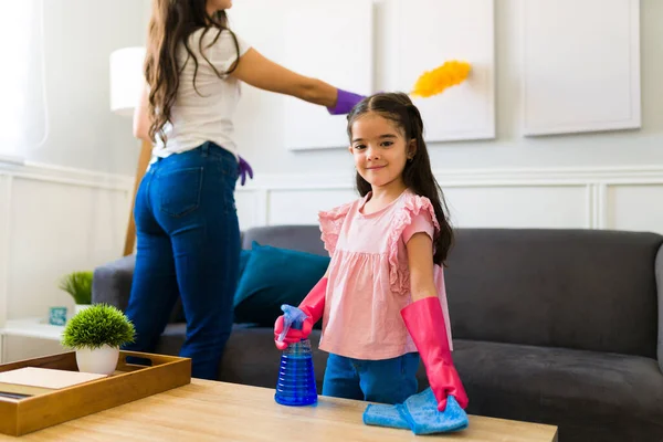 Adorable Kid Years Smiling Looking Camera While Cleaning House Helping — 图库照片