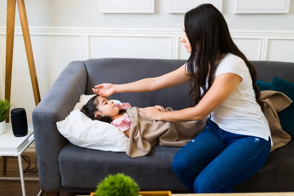 Worried Mother Taking Care Her Sick Little Daughter Fever Cold — Stock fotografie