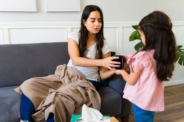 Adorable Caring Young Kid Bringing Cup Hot Tea Her Sick — Foto Stock