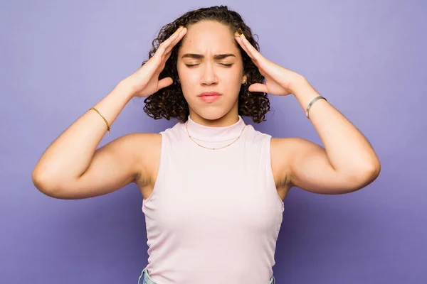 Ill Caucasian Woman Her 20S Suffering Strong Headache Migraine Closing — Stock Photo, Image