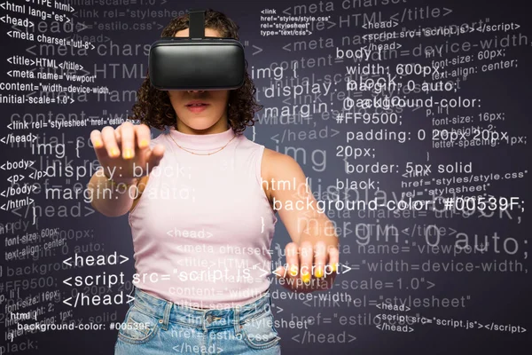 Futuristic Young Woman Coding While Wearing Virtual Reality Glasses Using — Φωτογραφία Αρχείου