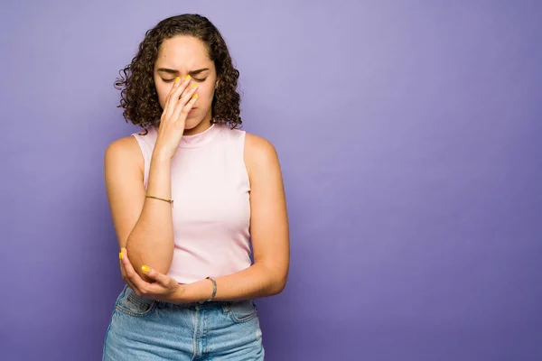 Sad Depressed Woman Feeling Bad Tired While Closing Her Eyes — Stock Photo, Image