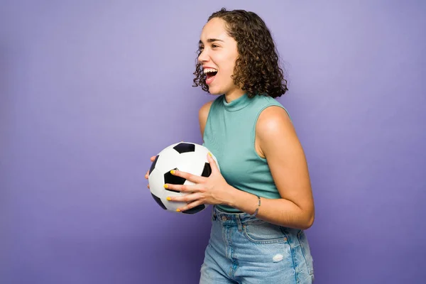 Excited Brunette Woman Using Soccer Ball While Shouting Cheering Her — 스톡 사진