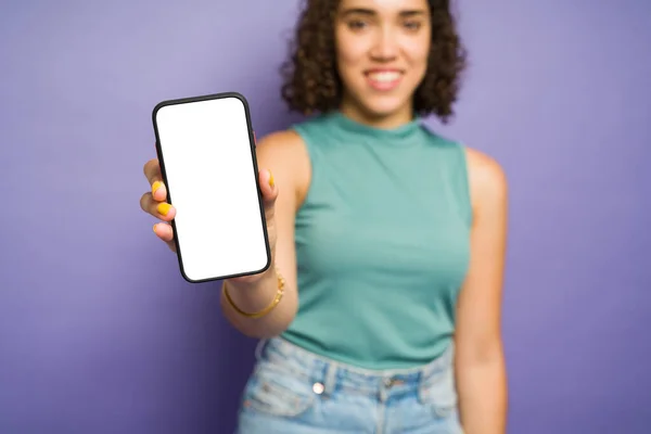 Focus Foreground Young Woman Holding Big Smartphone Blank Screen Purple — 图库照片