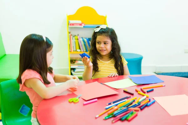Cute Presschol Girl Making Origami Learning Student Friend Kindergarten Classroom — Stockfoto
