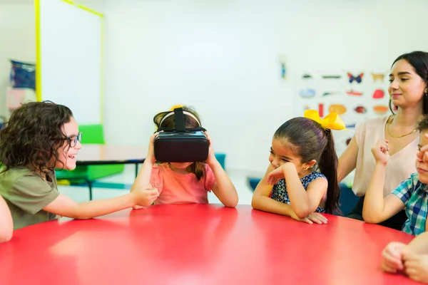 Cheerful Beautiful Kids Having Fun While Playing Virtual Reality Technology — ストック写真