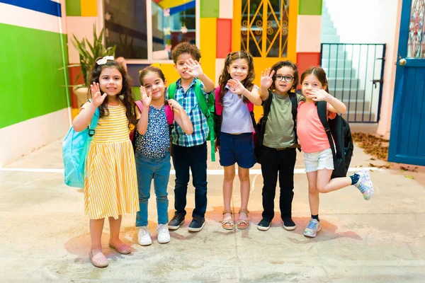 Portrait Cute Cheerful Boys Girls Waving Goodbye Laughing While Going — Fotografia de Stock