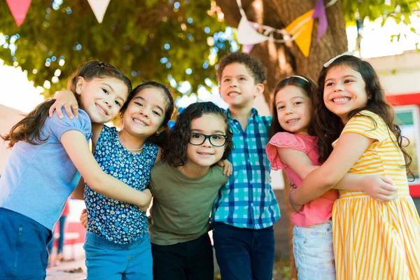 Fun Caucasian Latin Children Hugging Laughing While Playing Kindergarten — ストック写真
