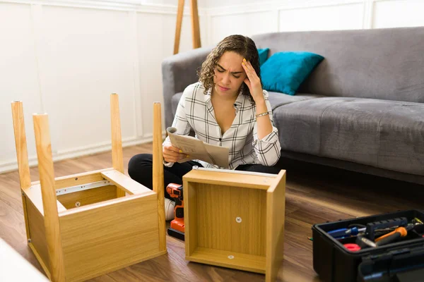 Stressed Woman Feeling Frustrated Confused While Reading Manual Instructions Assembly — 스톡 사진