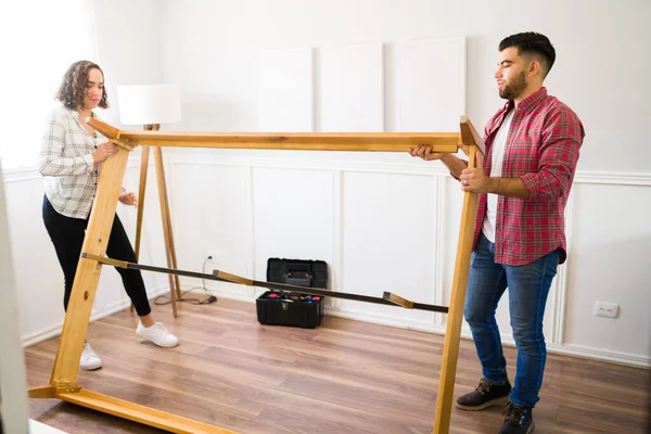 Caucasian Handy Couple Building Self Assembly Bed Frame Using Tools — Stock Photo, Image