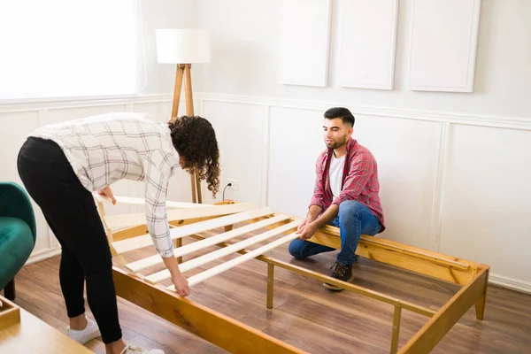 Handsome Young Man Woman Building Bed Frame Assemble New Furniture — Stock Photo, Image
