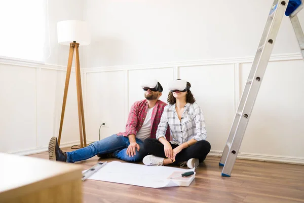 Caucasian Woman Man Watching Simulation Using Virtual Reality Glasses While Stock Photo