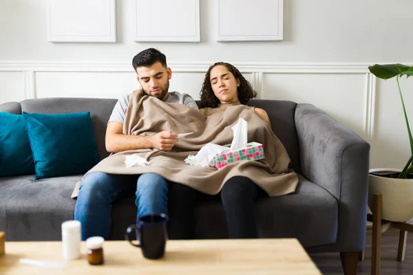 Sick Caucasian Couple Covered Blanket Feeling Bad Ill While Recovering — Foto de Stock