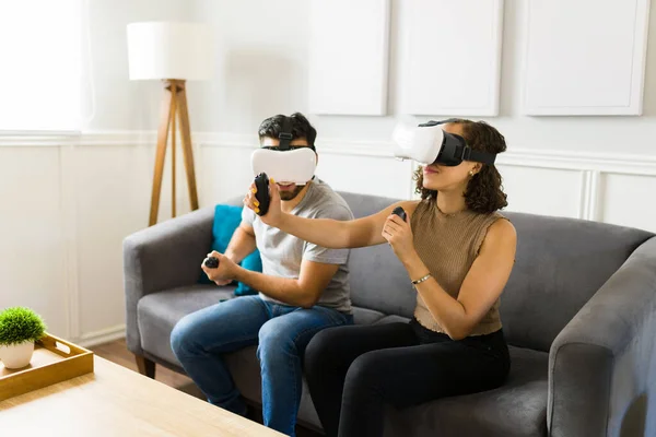 Excited Young Woman Man Laughing While Enjoying Playing Virtual Reality — Φωτογραφία Αρχείου