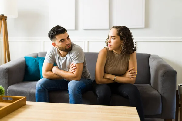 Angry Caucasian Couple Looking Each Other Feeling Annoyed Fight Because — 图库照片