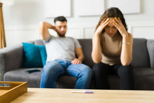 Focus Foreground Couple Infertility Problems Feeling Sad Depressed Because Negative — Photo