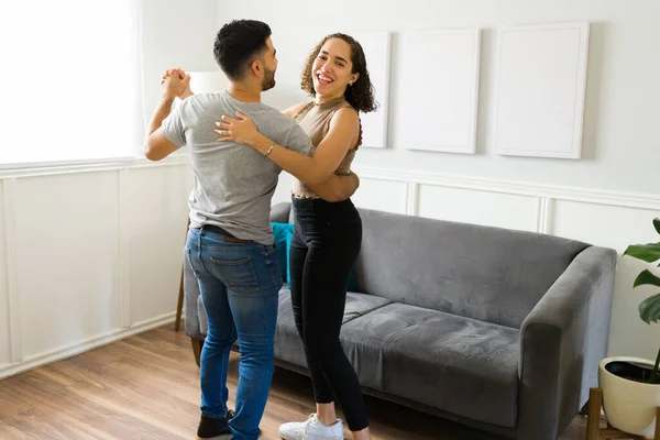 Beautiful Woman Love Dancing Her Boyfriend Having Romantic Moment While — 스톡 사진