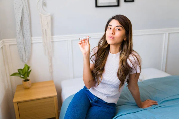 Stressed Young Woman Making Eye Contact While Smoking Marijuana Help —  Fotos de Stock