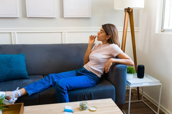 Relaxed Attractive Woman Resting Sofa While Enjoying Smoking Weed Using — Stock Photo, Image