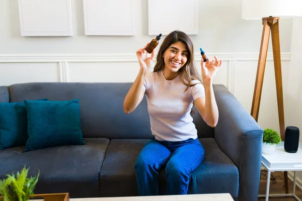 Excited Young Woman Smiling While Using Cannabis Medical Treatment Cbd — Foto de Stock