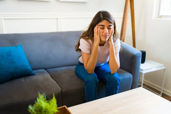 Tired Young Woman Feeling Sick Bad Headache Migraine While Sitting — Stock fotografie