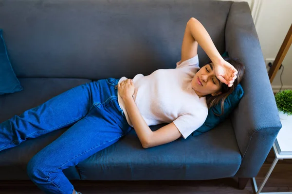 Sick Latin Woman One Arm Her Forehead Suffering Bad Headache — Stock Photo, Image