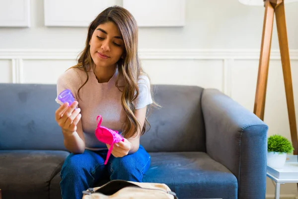 Latin Beautiful Woman Holding Menstrual Cup Trying Alternative Sanitary Products — Stok fotoğraf