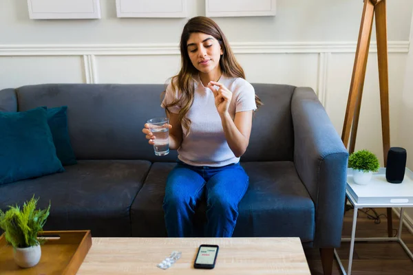 Attractive Latin Woman Taking Contraceptive Hormone Pills Glass Water Living — Stock Photo, Image