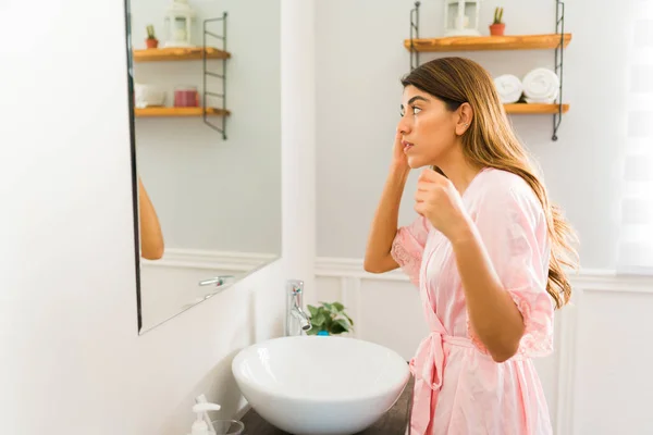 Profile Hispanic Woman Bathrobe Looking Bathroom Mirror Preparing Get Ready — Fotografia de Stock