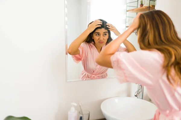 Sad Woman Her 20S Looking Bathroom Mirror Feeling Worried Stressed —  Fotos de Stock