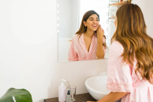 Cheerful Young Woman Smiling While Feeling Satisfied Happy Her Skin — 图库照片