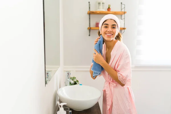 Smiling Gorgeous Young Woman Washing Her Face Towel Bathroom Using — Fotografia de Stock