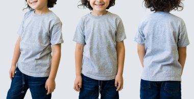 Unrecognizable kid wearing a white casual t-shirt. Side view, behind and front view of a mockup t-shirt for design print