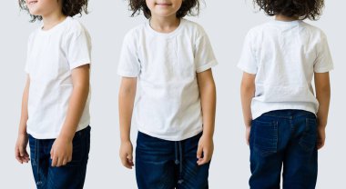 Unrecognizable young boy wearing a white casual shirt. Side view, behind and front view of a mockup t-shirt for design print or logo