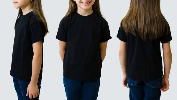 Little Girl Wearing Black Casual Shirt Side View Front View —  Fotos de Stock