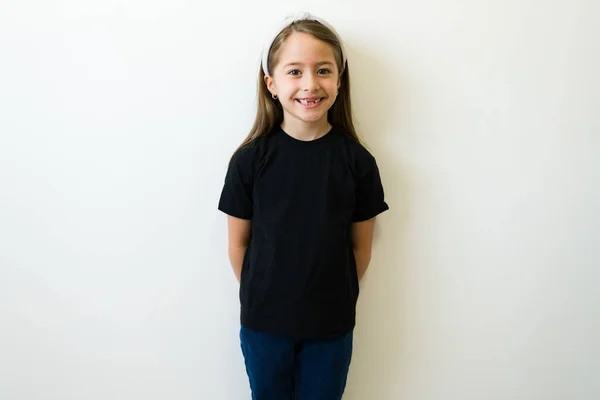 Cheerful Little Girl Looking Happy Big Smile Wearing Black Mockup — Zdjęcie stockowe