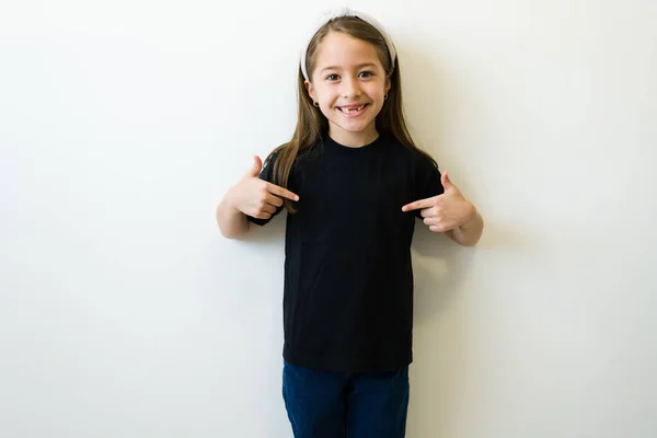 Portrait Beautiful Little Girl Looking Happy Pointing Front Design Her — Photo