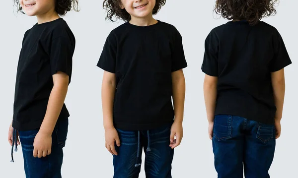 Young Boy Wearing Black Casual Shirt Side View Front View — стоковое фото