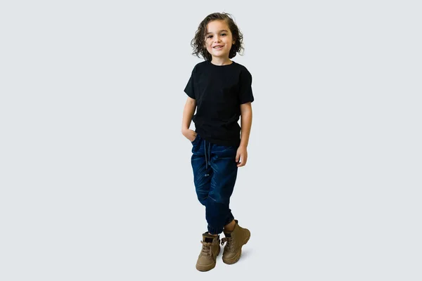 Full Length Adorable Boy Wearing Jeans Black Mockup Black Shirt — Zdjęcie stockowe