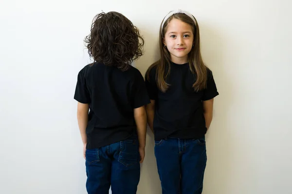 Adorable Little Kids Black Shirts Front Rear View Mock Shirt — Stock Fotó