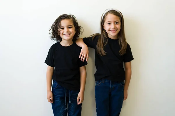 Portrait Two Caucasian Children Friends Looking Camera Posing Wearing Mockup — Stock Fotó