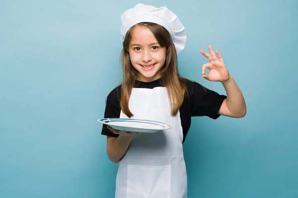 Adorable Little Girl Making Perfect Excellent Sign While Cooking Delicious — Stock Photo, Image